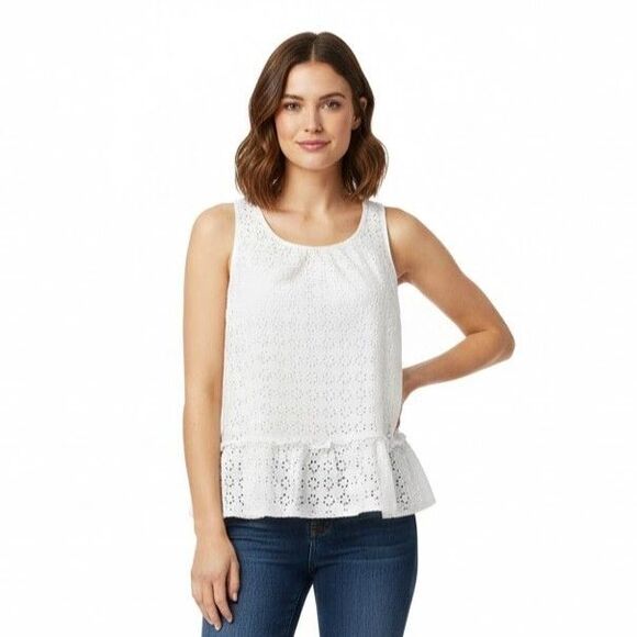 Zara Tops - Zara Peplum Eyelet Top Womens Large White Blouse Sleeveless Floral Lace Boho